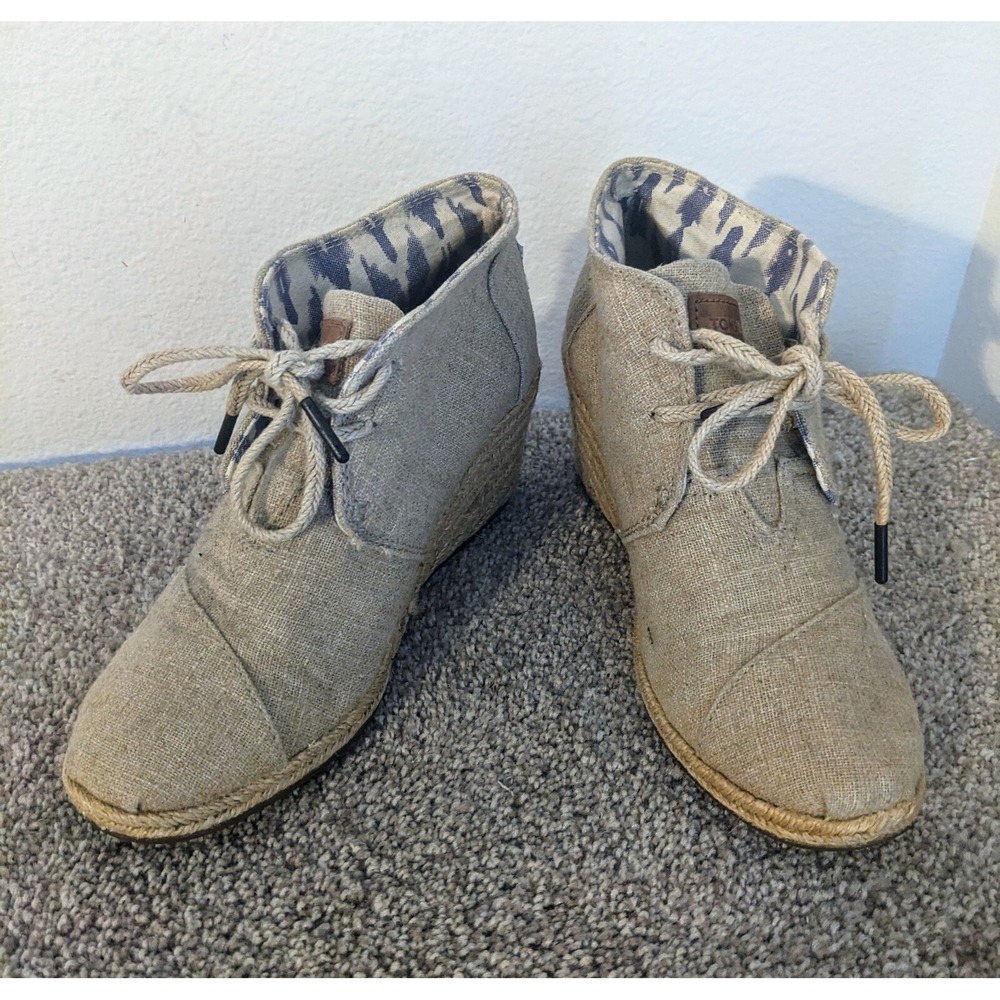 TOMS Desert Wedge Booties Ankle Espadrille Lace Up Taupe Neutral Casual6.5‎